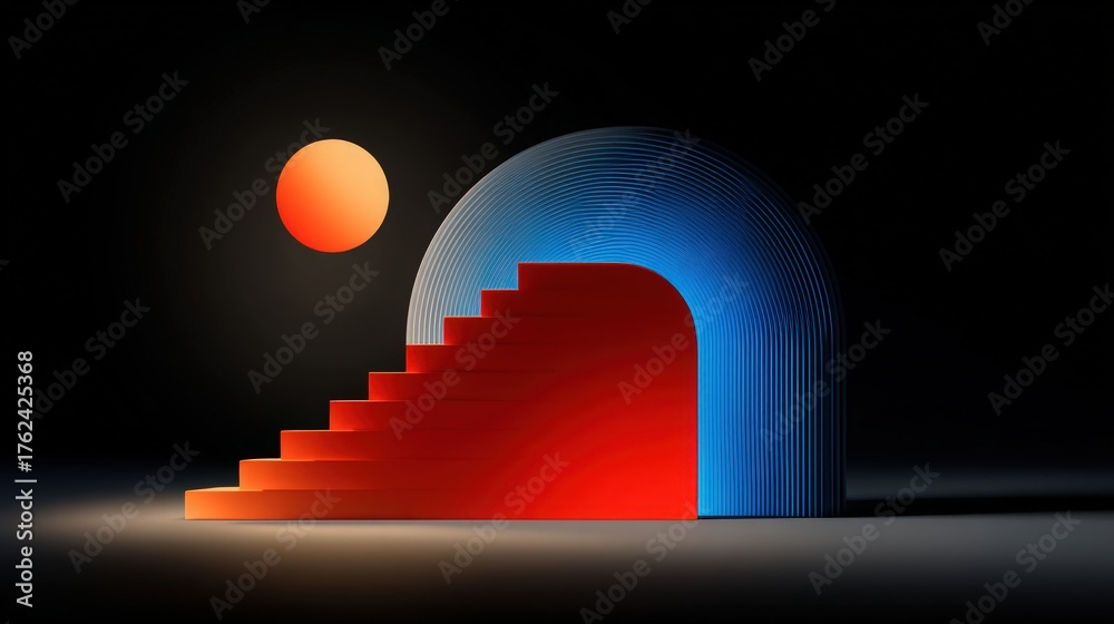 A striking sculpture showcases colorful steps leading to a rounded arch. A vibrant sphere illuminates the scene, creating a captivating contrast against a dark background.