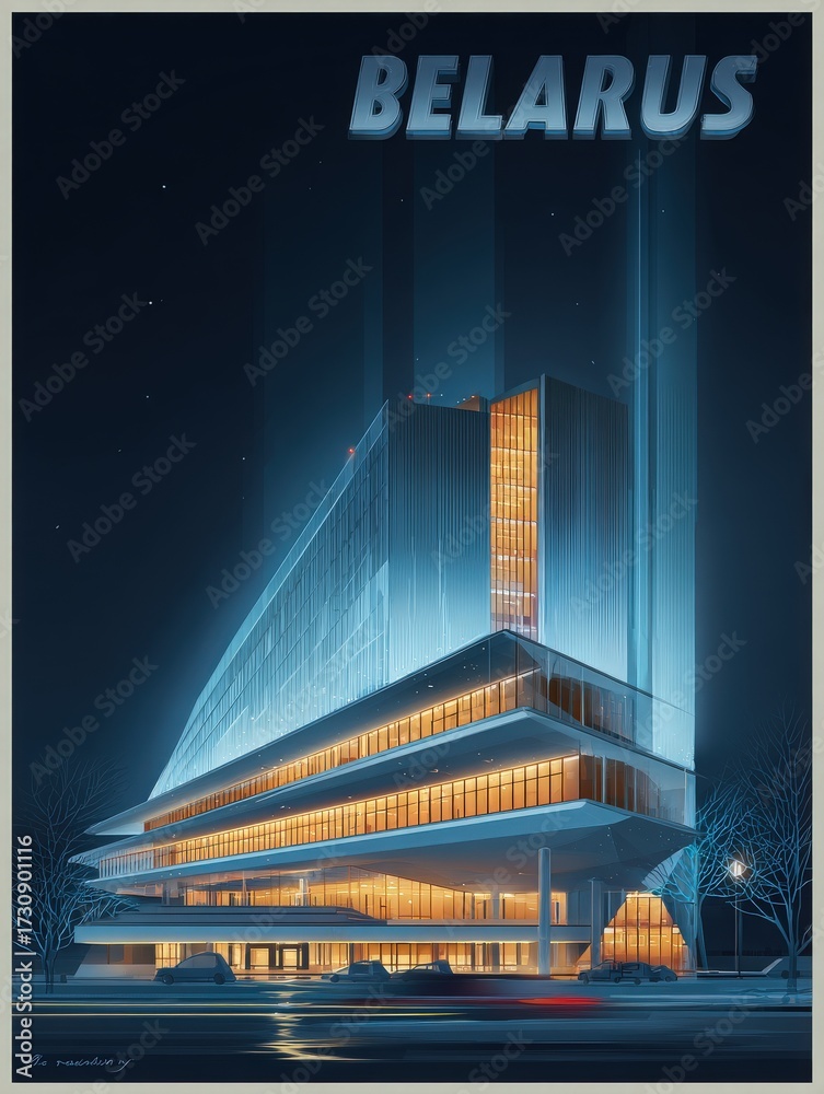 A stunning building in Belarus is illuminated at night, highlighting its unique architectural style.