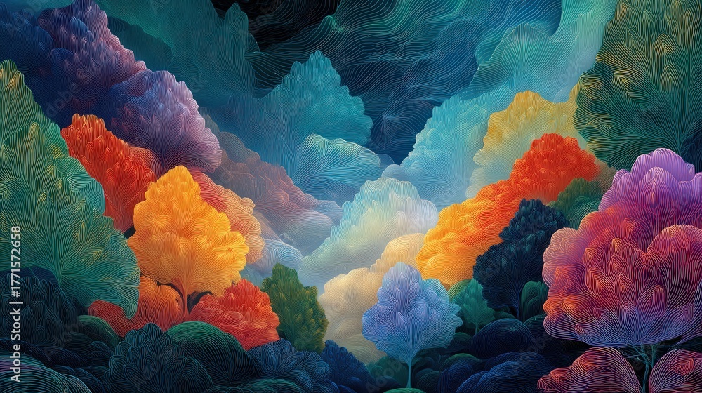 A stunning forest scene features colorful trees in shades of orange, purple, and blue. The sky is filled with soft clouds, creating a whimsical atmosphere during twilight.