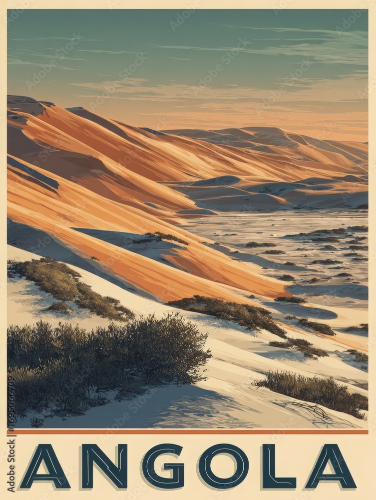 A stunning landscape portrays the vast sand dunes of Angola bathed in warm sunset hues. The rolling terrain showcases the unique interplay of light and shadow across the dunes.
