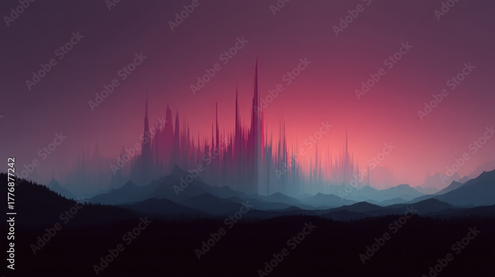 A stunning landscape shows a mountain range at twilight, with sharp, pointed peaks silhouetted against a colorful sky. The gradient of color from deep purple to pink creates a breathtaking backdrop.
