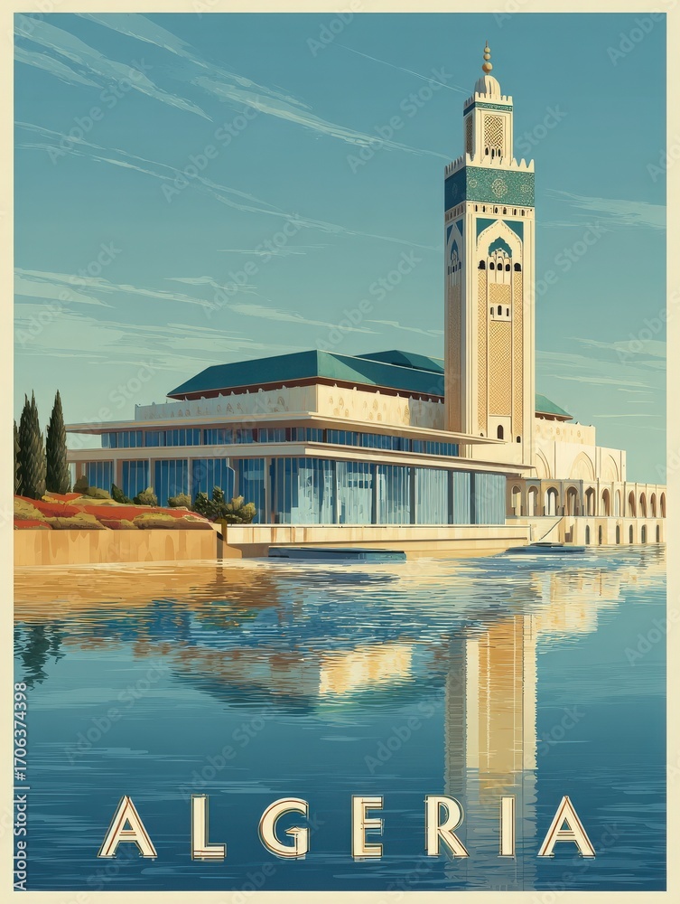 A stunning mosque stands majestically by the waters edge in Algeria. The architectural details are highlighted by the warm sunset light while the buildings reflection creates a serene atmosphere.