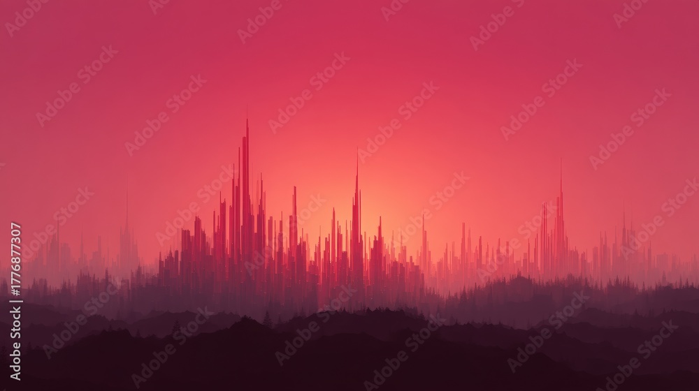 A stunning sunset paints the sky in shades of pink and orange above a futuristic city. Tall, pointed buildings rise sharply against the horizon, creating an impressive skyline.