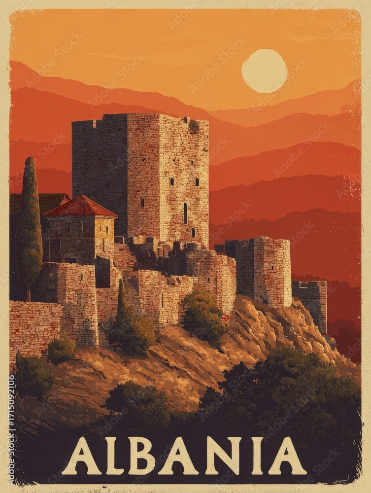 A stunning view of a historic castle set on a rocky hill in Albania during sunset. The warm colors fill the sky, creating a tranquil atmosphere with distant mountains enhancing the scenery.