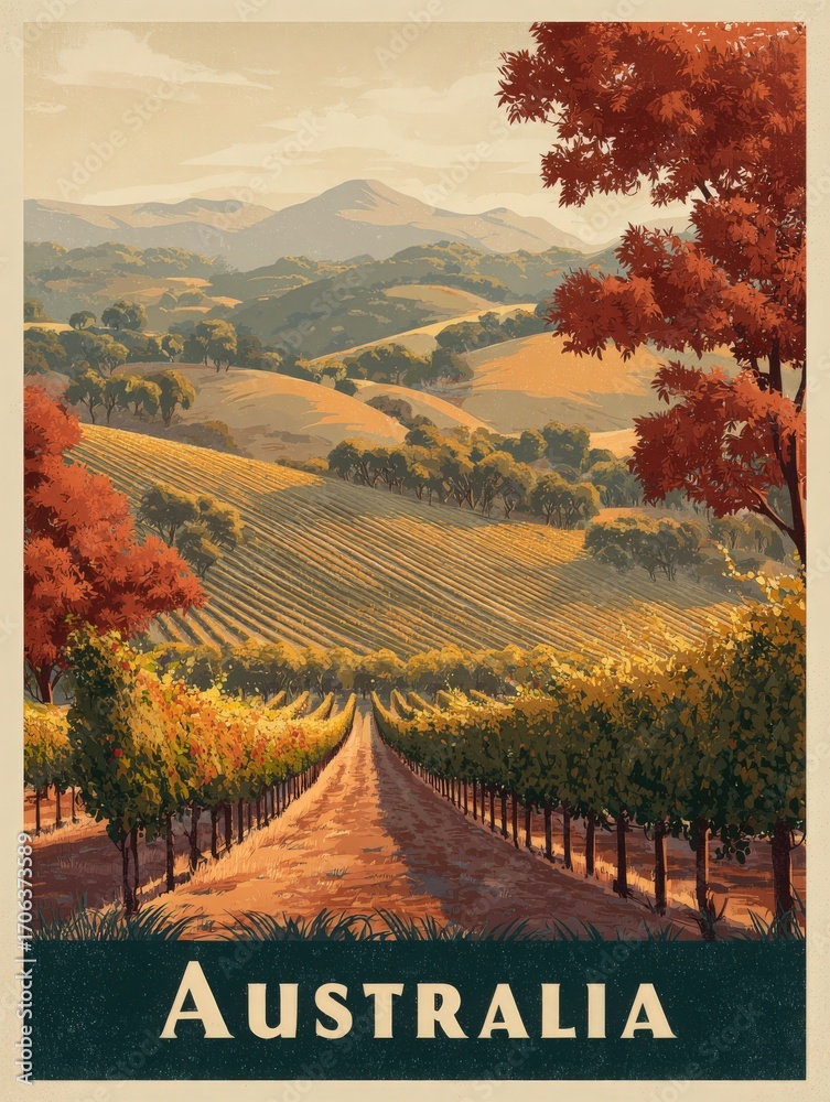 A stunning view of vineyards stretches across the landscape in Australia. The autumn foliage adds vibrant colors to the scene, with rolling hills in the background illuminated by warm sunlight.