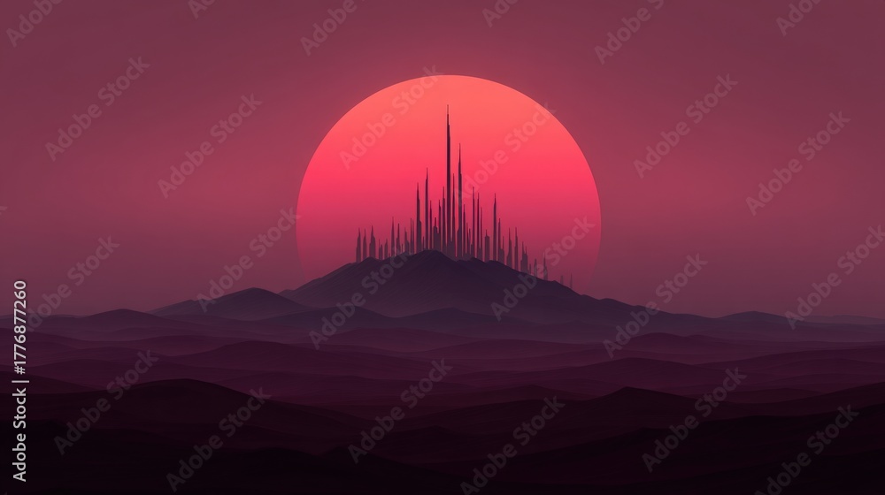 A surreal landscape features a large, vibrant sunset behind a mountain. Tall spires rise dramatically against the colorful sky, creating an otherworldly atmosphere. The scene is calm and mystical.