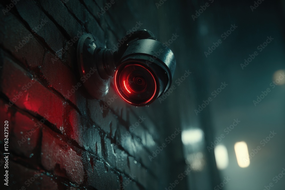A surveillance camera mounted on a brick wall emits a red light, creating a moody atmosphere in an industrial environment. The scene is dimly lit with shadows and a sense of intrigue.