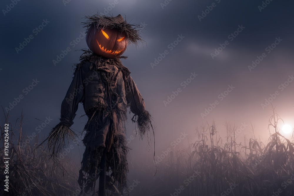 A tall scarecrow with a pumpkin head glows ominously in a misty cornfield. The dark sky adds to the eerie atmosphere as the sun sets, casting shadows among the tall corn stalks.