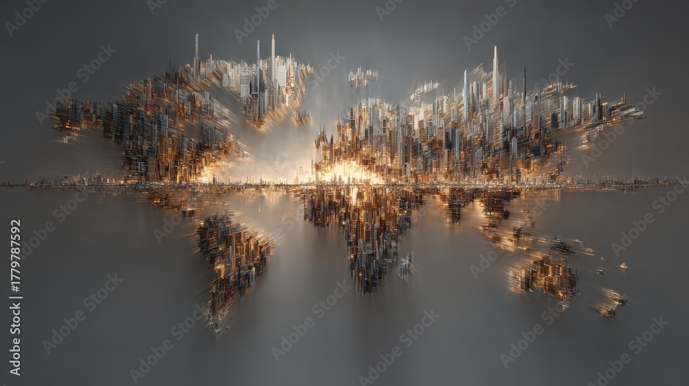 A three-dimensional representation of the world map constructed from vibrant cityscapes. The intricate design showcases different regions and urban structures, reflecting the essence of global life.