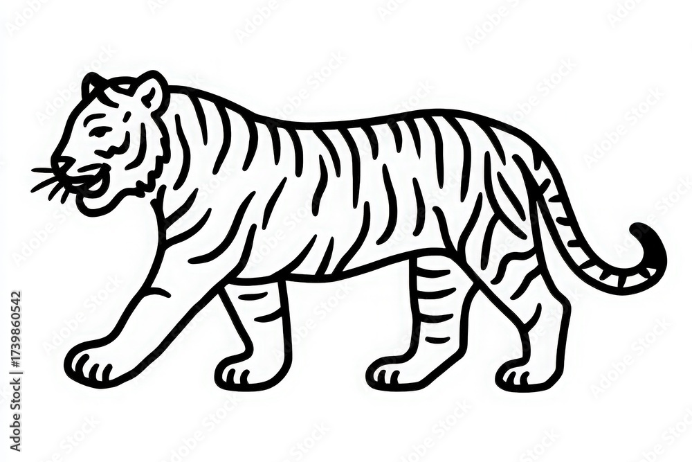 A tiger walks confidently, showing off its distinctive stripes. The illustration captures its powerful presence and sharp features, making the animal appear majestic and lively.