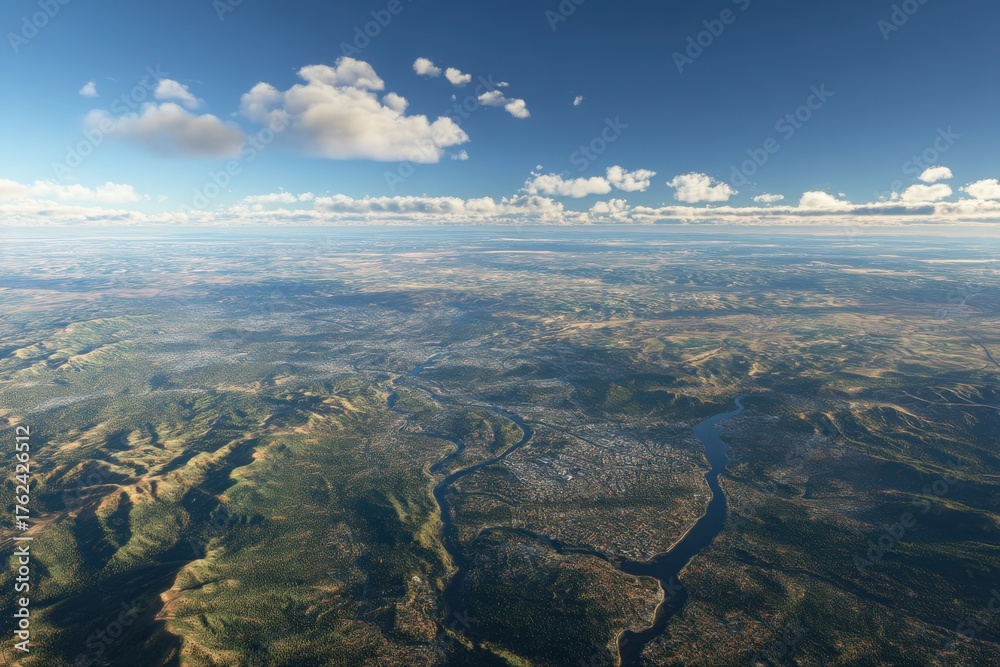A vast landscape stretches out below, showcasing mountains, valleys, and winding rivers. Fluffy clouds drift in the clear blue sky, highlighting the natural beauty of the terrain during daylight.