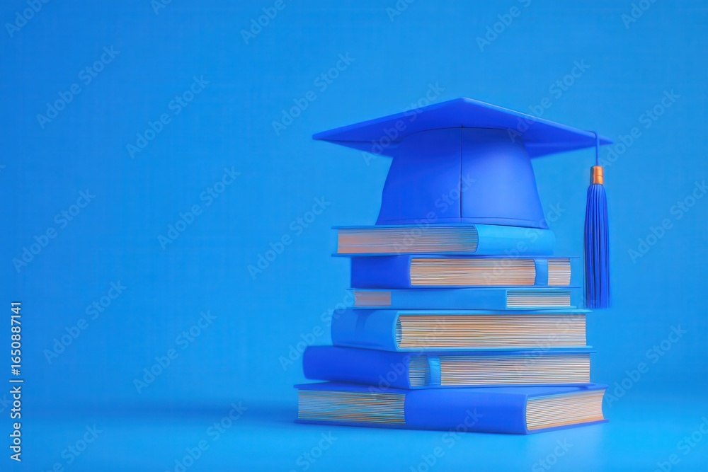 A vibrant blue graduation cap rests atop a stack of neatly arranged books against a solid blue background. This depicts the celebration of educational success and knowledge.