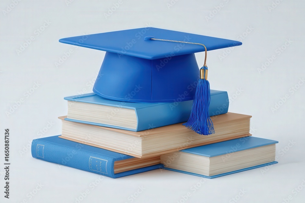 A vibrant blue graduation cap rests on top of a stack of books in various shades of blue. This setup symbolizes the importance of education and academic success.