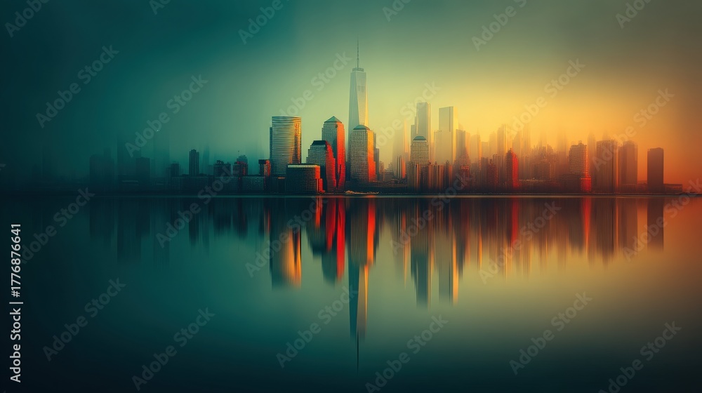 A vibrant city skyline is illuminated by the dawn light, with tall buildings reflecting in the calm water below. A misty background adds a peaceful touch to this urban scene.