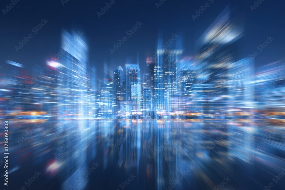 A vibrant city skyline shines at night, featuring tall buildings illuminated by bright lights. The scene has a blurred effect, creating a dreamlike atmosphere with reflections on the water below.