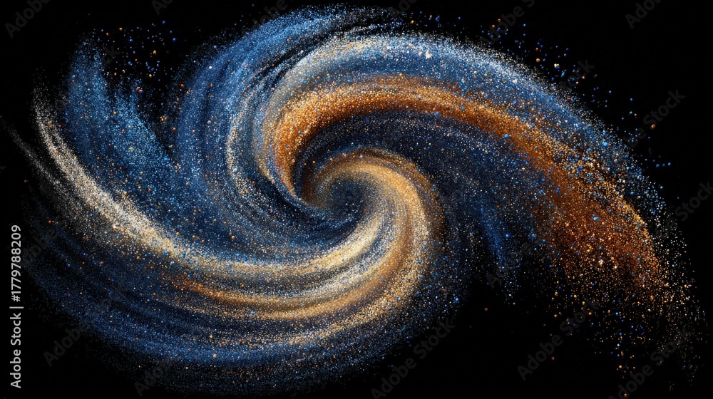 A vibrant cosmic swirl displays colors of blue, gold, and bronze, simulating a galaxy. The sparkling particles create a dynamic movement, evoking a sense of depth in the universe.
