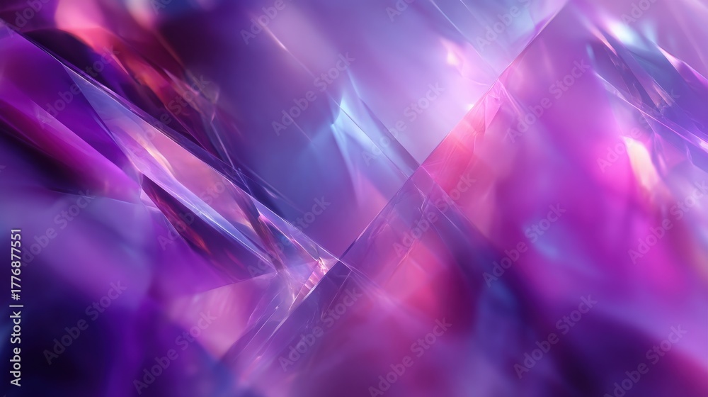 A vibrant display of abstract shapes and colors showcases various shades of purple and blue. Light reflections create a sense of depth, enhancing the visual appeal of this artwork.