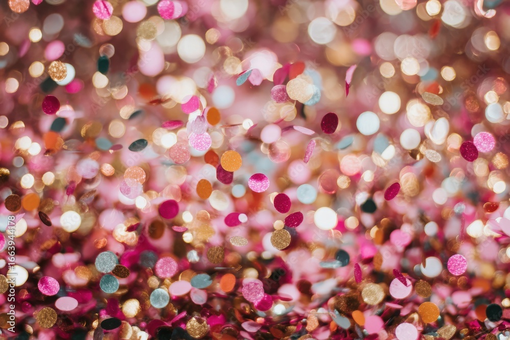A vibrant display of pink, gold, and silver confetti fills the background, sparkling and reflecting light. The scene captures the lively energy associated with parties and joyous occasions.