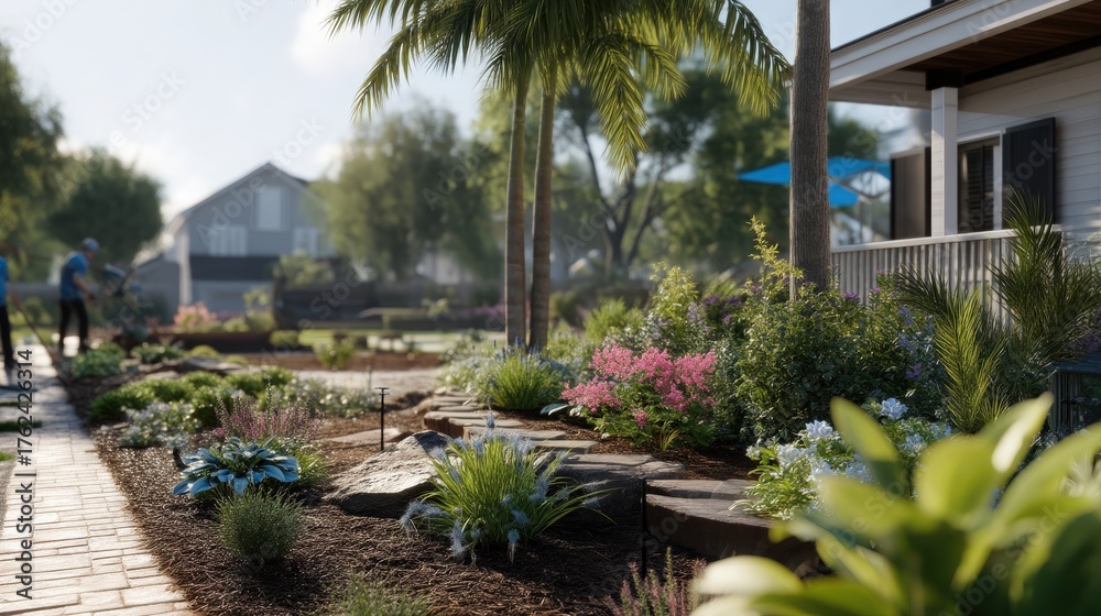 A vibrant garden features a variety of flowers and plants arranged among stones. A person works in the background, enhancing the beauty of this residential area on a bright, sunny day.