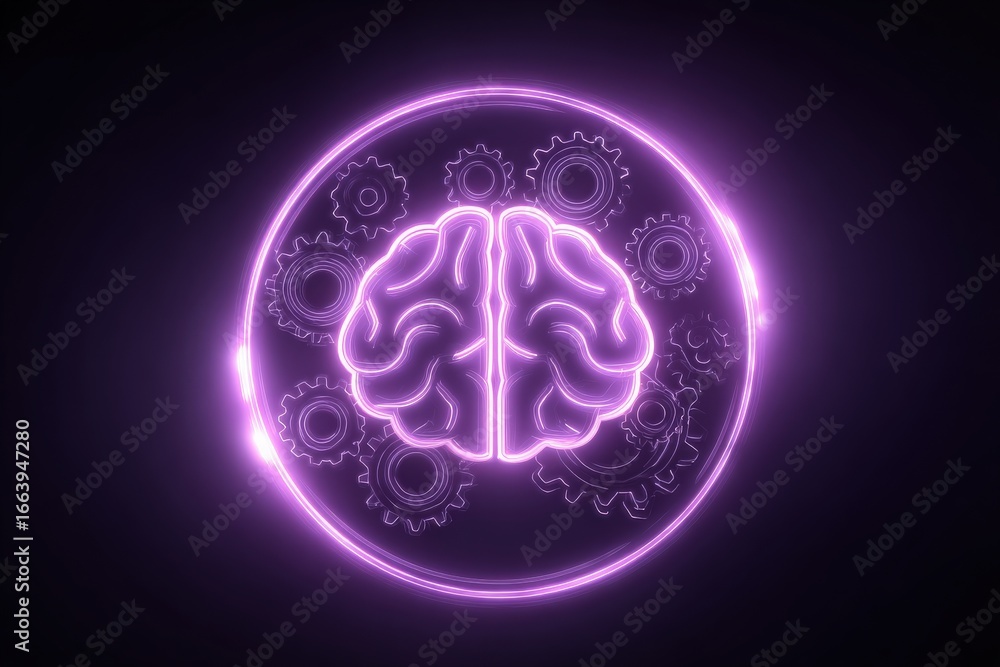A vibrant neon depiction of a brain surrounded by gears, symbolizing the connection between technology and intelligence. The glowing purple outlines create a striking visual against the dark backdrop.