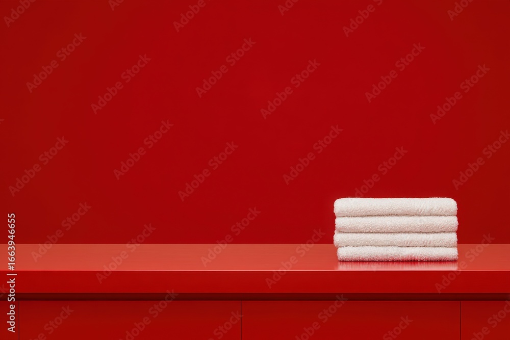 A vibrant red wall provides a bold backdrop for neatly stacked white towels placed on a sleek red shelf. The arrangement emphasizes simplicity and modern decor.
