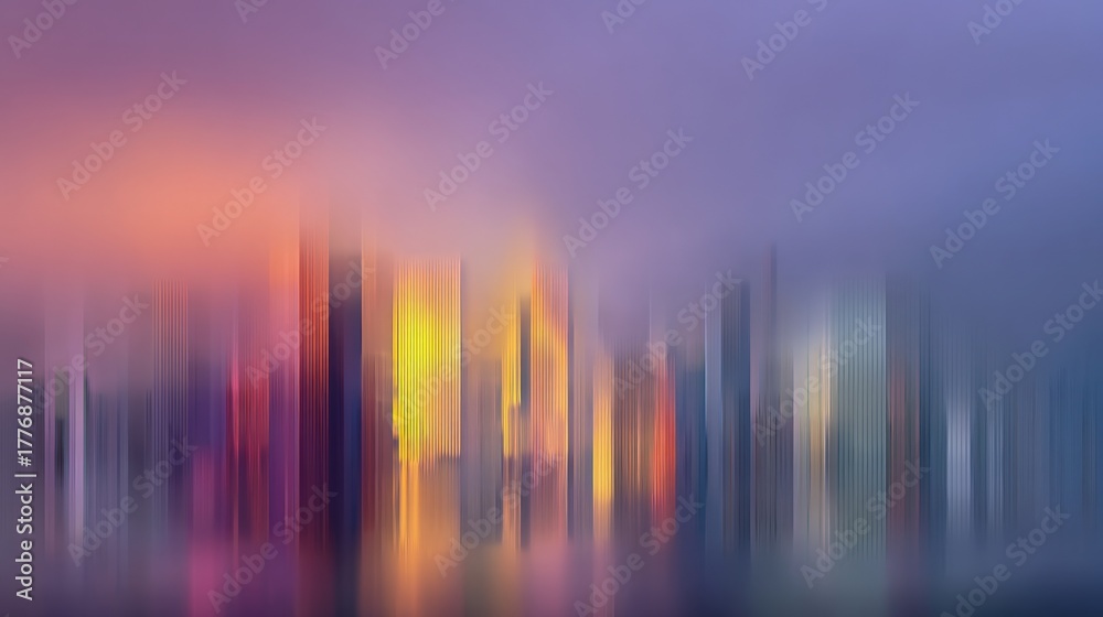 A vibrant skyline stands against a twilight sky filled with soft pink and purple hues. The buildings reflect various colors on the calm water below, creating a serene evening atmosphere.