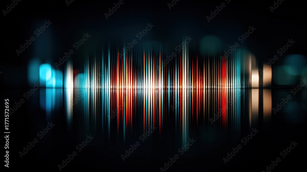A vibrant sound wave pattern displays colorful lines in red, blue, and white, reflecting on a dark surface. The design conveys energy and movement, creating an engaging visual effect.