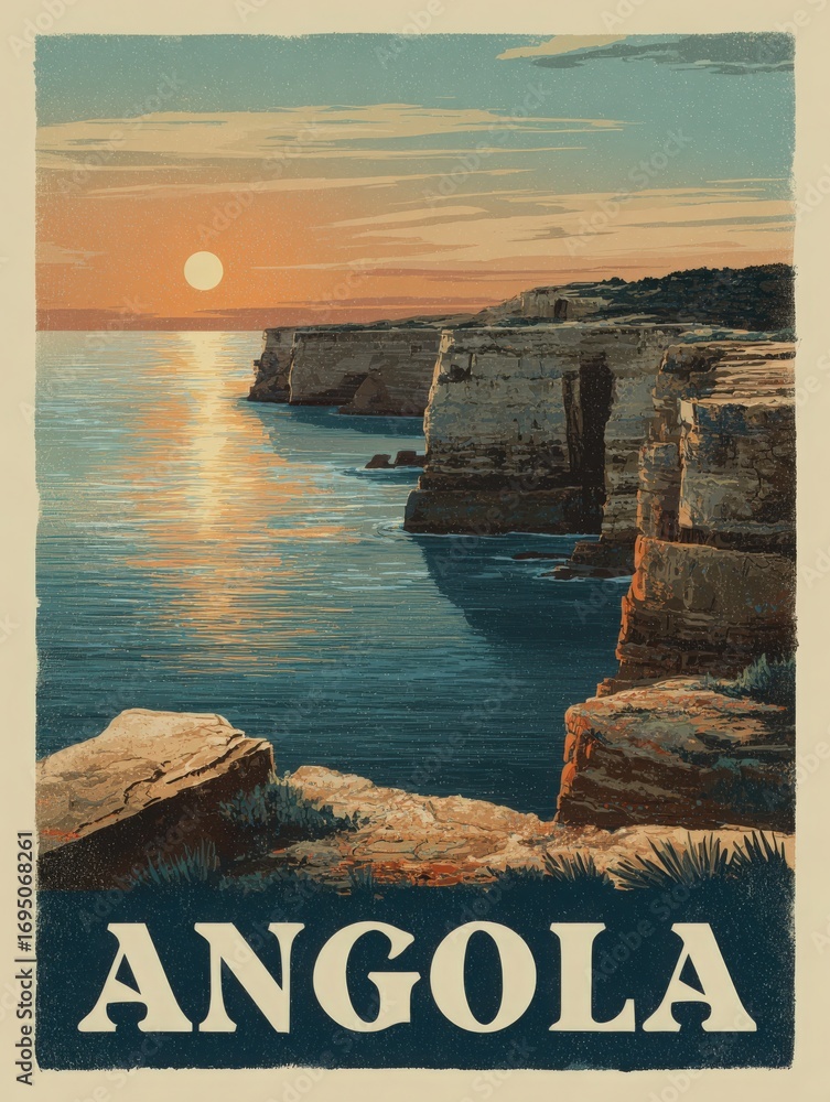 A vibrant sunset casts a warm glow over the rugged cliffs of Angola. The sun reflects on the tranquil ocean waters, creating a picturesque scene.