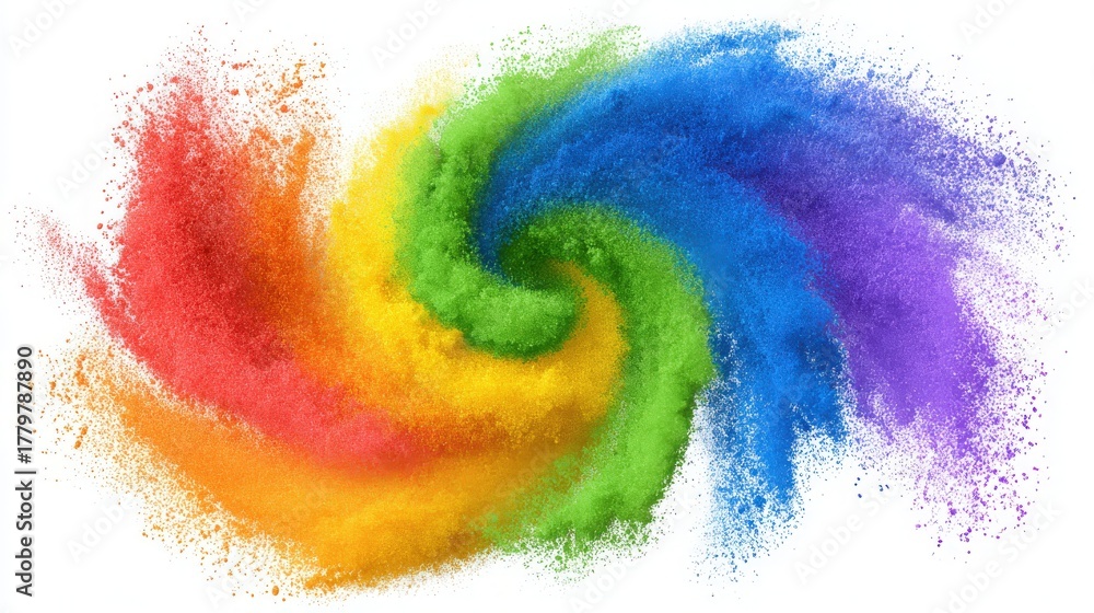 A vibrant swirl of colored powder in shades of red, orange, yellow, green, blue, and purple creates a stunning visual. The colors blend smoothly, showcasing a lively and energetic design.