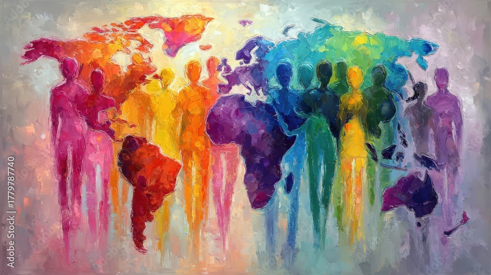 A vibrant world map showcases silhouettes of people in various colors, symbolizing unity and diversity. The design blends art and geography, promoting a message of togetherness across continents.
