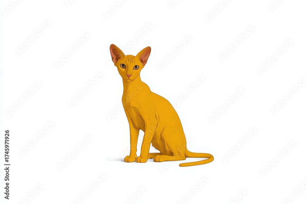 A vibrant yellow cat sits gracefully with its bright eyes looking forward. The cat has a sleek body and prominent ears, showcasing its unique appearance against a simple background.