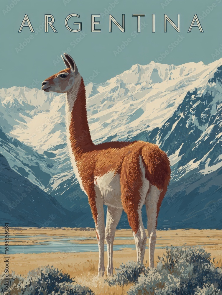 A vicu?a is depicted in a serene pose with its back turned, surrounded by vast grasslands and majestic snow-capped mountains. The rich colors capture the beauty of Argentinas natural scenery.