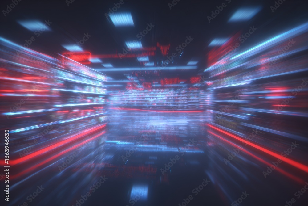 A vivid corridor illuminated by neon red and blue lights creates a futuristic atmosphere. The reflective floor enhances the glowing lines, producing an immersive high-tech visual experience.