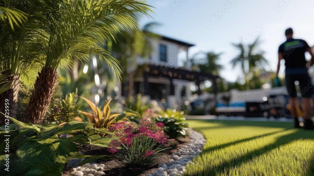 A well-designed garden showcases lush tropical plants and colorful flowers in a sunny backyard. A man walks through the space, enjoying the lively plants and serene ambiance.