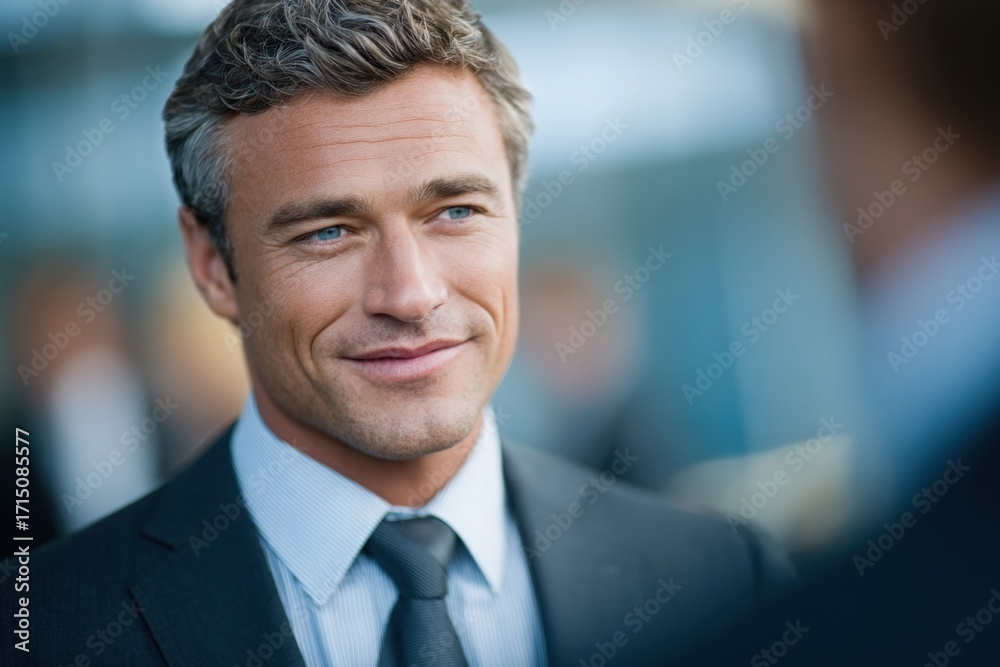 A well-dressed businessman with gray hair smiles warmly during a discussion at a corporate event. His confident demeanor reflects professionalism and engagement with colleagues.