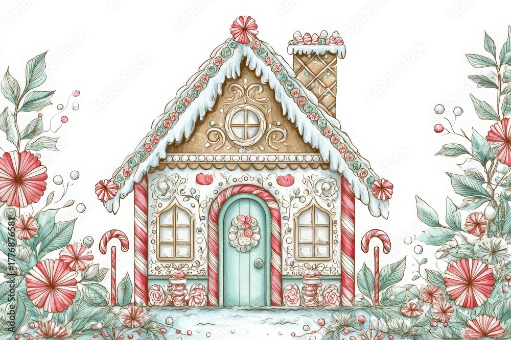 A whimsical gingerbread house is decorated with colorful icing, flowers, and candy canes. It stands against a white background, exuding a festive charm perfect for holiday cheer.