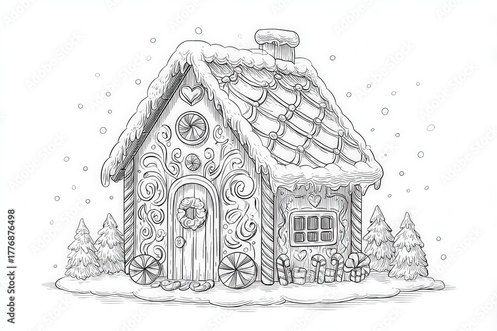 A whimsical gingerbread house sits in a snowy landscape, adorned with intricate designs. Fluffy snow blankets the roof, while cheerful decorations surround it.
