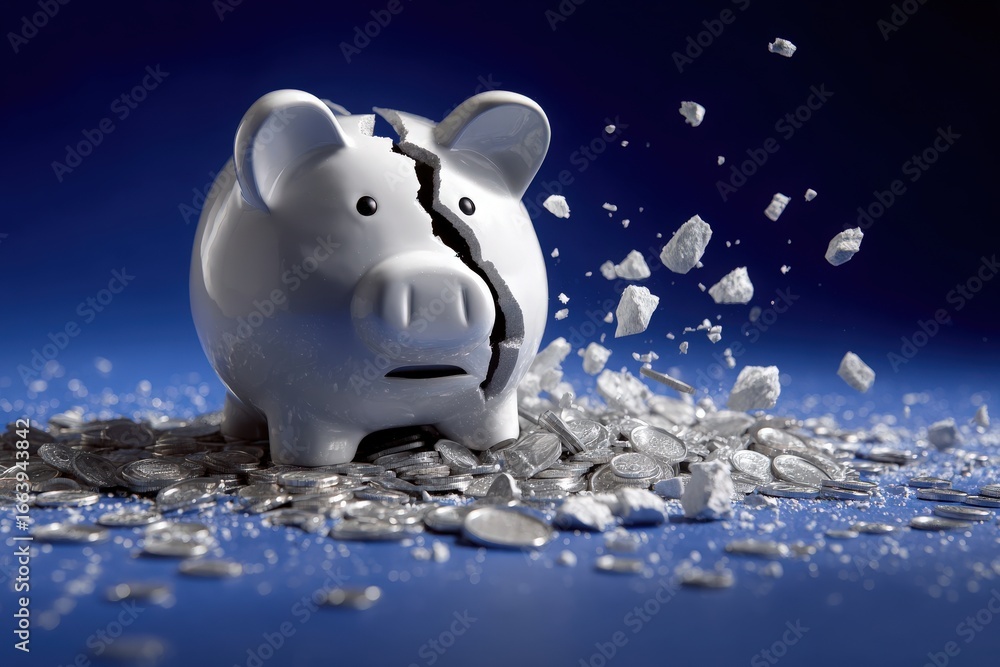A white piggy bank stands cracked and broken, surrounded by shining coins on a vibrant blue background. The fragments of the bank and coins suggest a sudden financial loss or unexpected expense.
