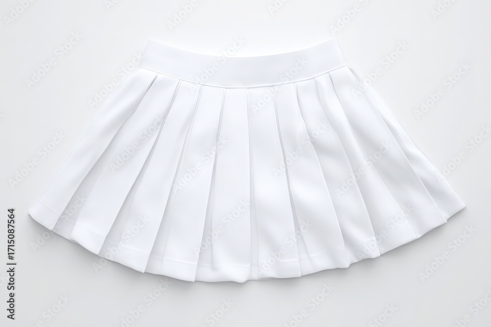 A white pleated skirt is laid flat against a plain background, highlighting its crisp fabric and structured design. Ideal for casual or formal outfits, this stylish piece adds elegance.