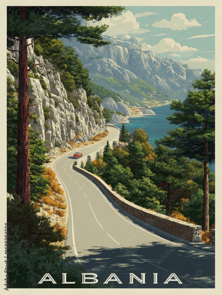 A winding coastal road in Albania reveals stunning views of mountains alongside a vibrant sea. Lush trees accentuate the landscape, creating a picturesque escape for travelers.