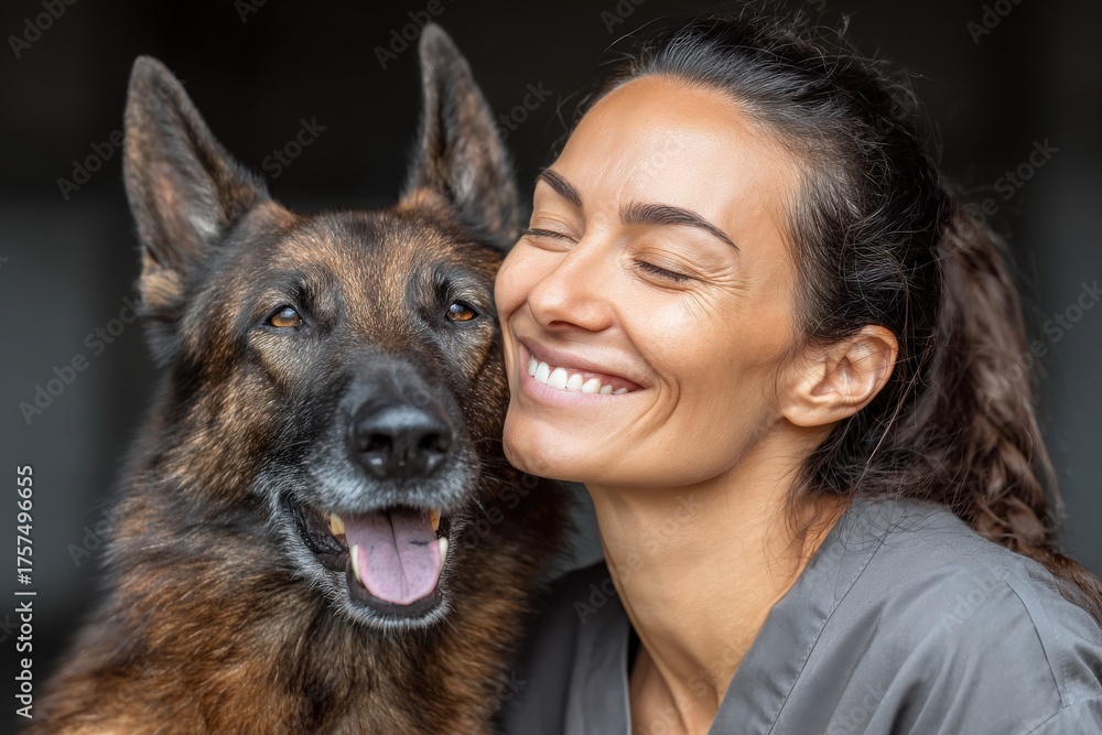 A woman smiles brightly as she embraces her dog in a warm indoor space. Their connection is evident, showcasing the love between a pet and owner.