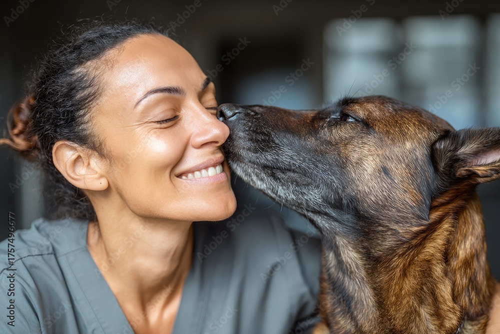 A woman smiles happily as a dog affectionately nudges her face with its nose. This warm moment occurs indoors, showcasing the bond between them in a cozy setting.