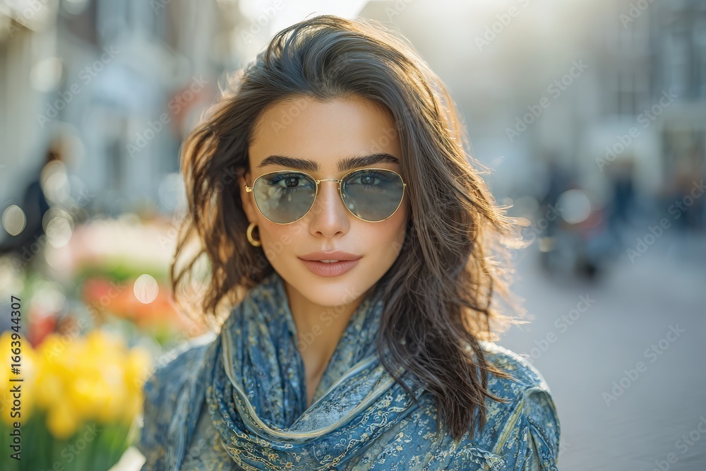 A woman with long, dark hair stands outdoors in a lively urban environment, wearing round sunglasses and a patterned scarf. Colorful flowers decorate the scene, creating a cheerful backdrop.