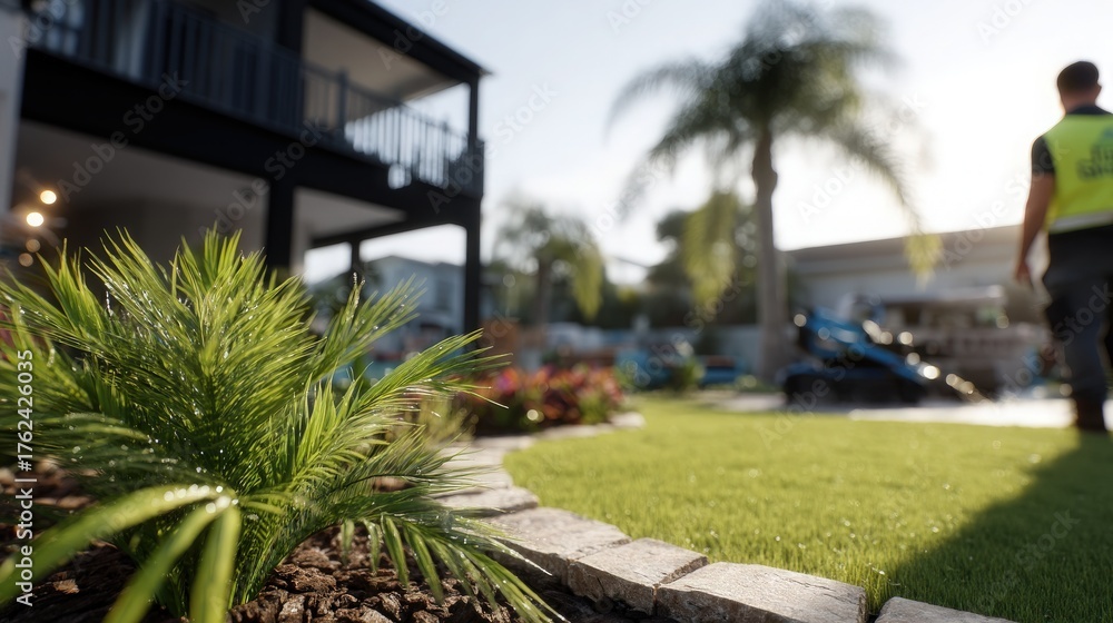 A worker is tending to a green garden area filled with plants and decorative rocks. The sunny afternoon highlights the vibrant colors of the landscaping project behind a modern home.