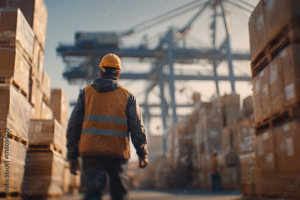 A worker wearing a hard hat and safety vest walks through a shipping yard filled with stacked cargo boxes. The sun sets, casting warm light over the busy scene of other workers and equipment.