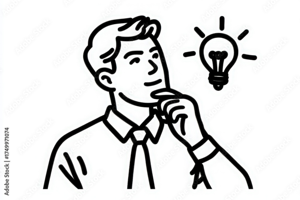 A young man in a formal shirt and tie is thoughtfully touching his chin while a light bulb shines above him. This scene symbolizes creativity, inspiration, and new ideas.