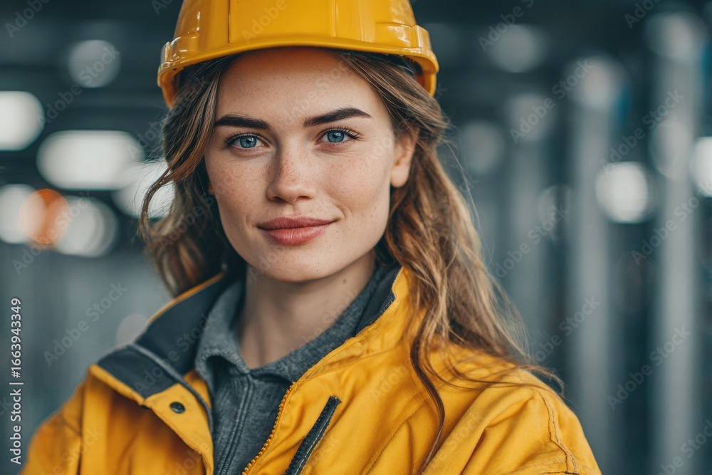 A young woman in a yellow hard hat and vibrant jacket stands confidently at a construction site. She exudes professionalism and readiness for the tasks ahead.