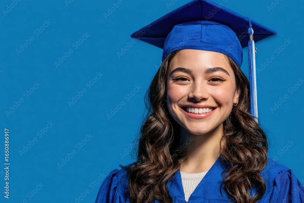 A young woman wearing a blue graduation cap and gown smiles brightly with her hair down, standing against a bold blue background. Her joyful expression captures the excitement of graduation day.