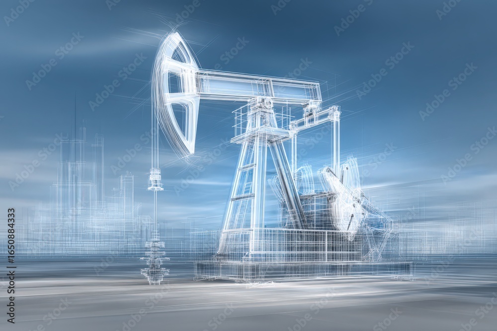 An advanced oil drilling rig stands prominently against a blue sky, symbolizing modern energy extraction techniques. The rig features a sleek design that emphasizes efficiency and innovation.