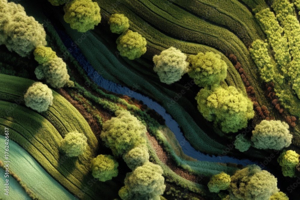 An aerial perspective of a river meandering through vibrant green fields. The landscape features dense trees and varied plant life, showcasing natures beauty.